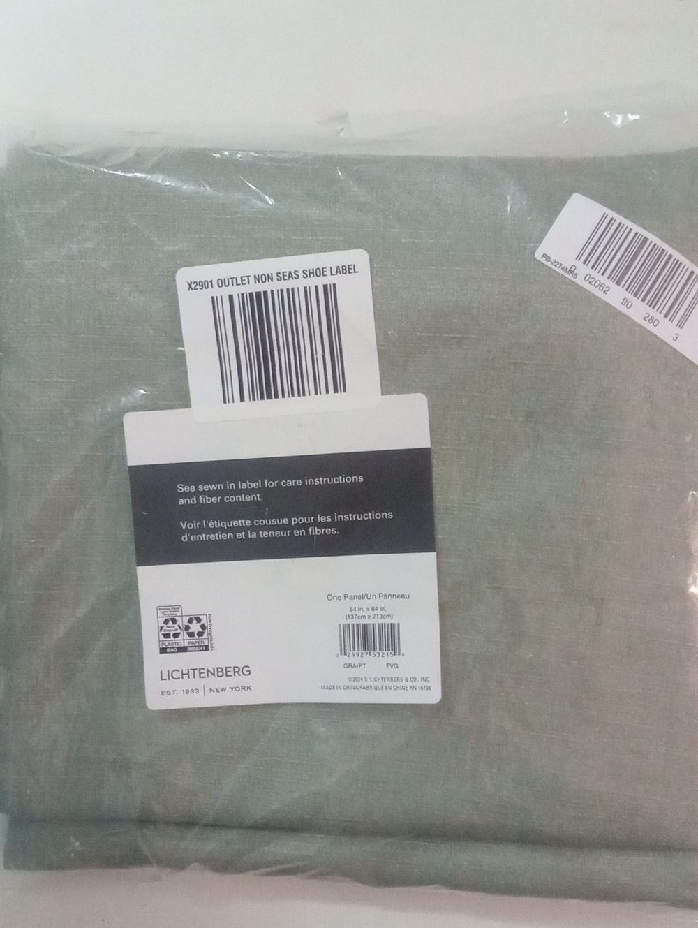 Lichtenberg Safe Green Window Curtain Panel 84" Rod Pocket NWT $45